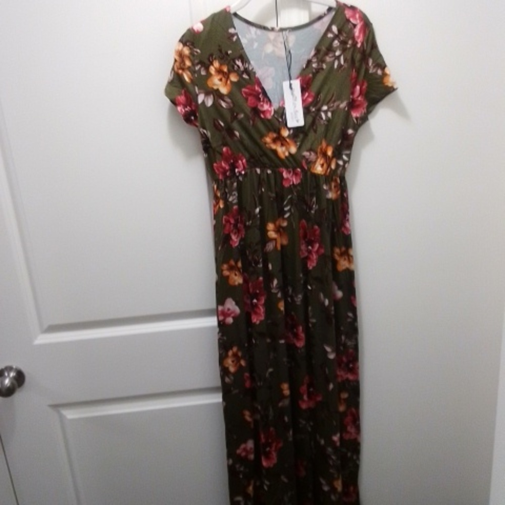 Mother Bee Maternity Floral Maxi Dress - Olive and Red